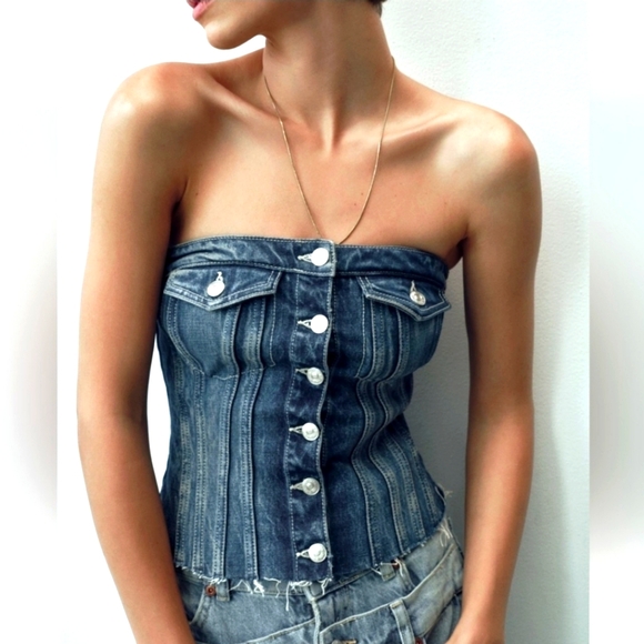 ❌️SOLD❌️CORSET STYLE DENIM TOP TRF SIZE XL - Picture 2 of 12